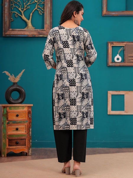 Be You Women Abstract Printed Notch Neck Straight Kurta With Trousers