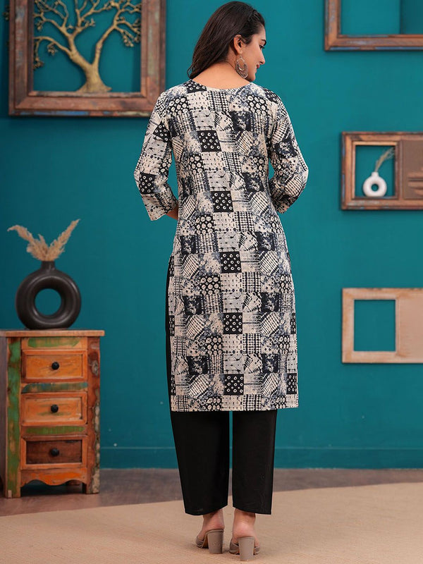 Be You Women Abstract Printed Notch Neck Straight Kurta With Trousers