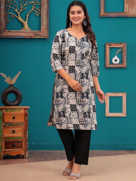 Be You Women Abstract Printed Notch Neck Straight Kurta With Trousers