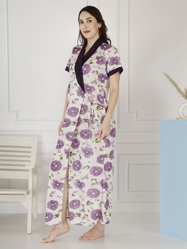 Be You Women Satin Floral Printed Maxi Wrap Nightdress