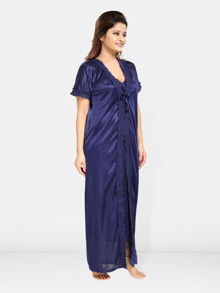 Be You Women Satin Shoulder Straps Maxi Wrap Nightdress with Robe