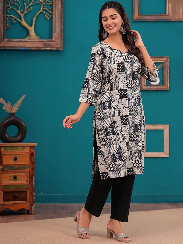 Be You Women Abstract Printed Notch Neck Straight Kurta With Trousers