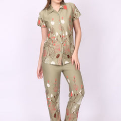 Be You Women Olive Satin Printed Night suit
