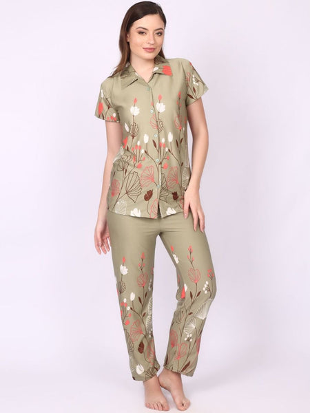 Be You Women Olive Satin Printed Night suit