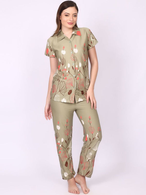 Be You Women Olive Satin Printed Night suit