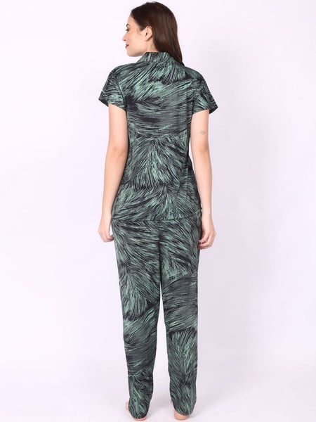 Be You Women Green Satin Shirt Collar Short Sleeves Causal Night Suit