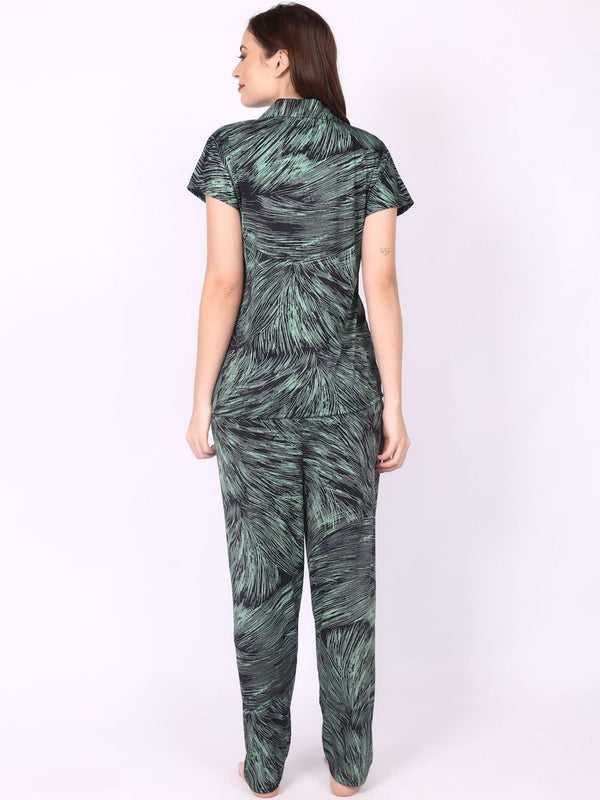 Be You Women Green Satin Shirt Collar Short Sleeves Causal Night Suit