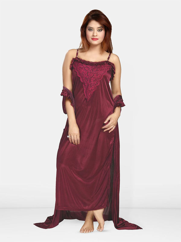 Be You Women Self Design Maxi Nightdress with Robe