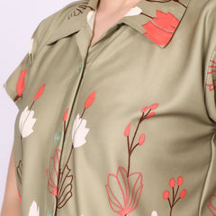 Be You Women Olive Satin Printed Night suit