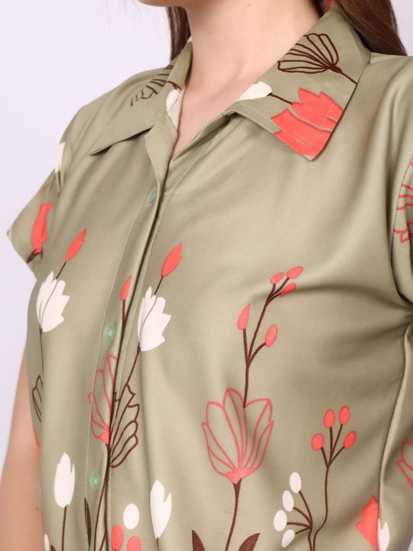 Be You Women Olive Satin Printed Night suit