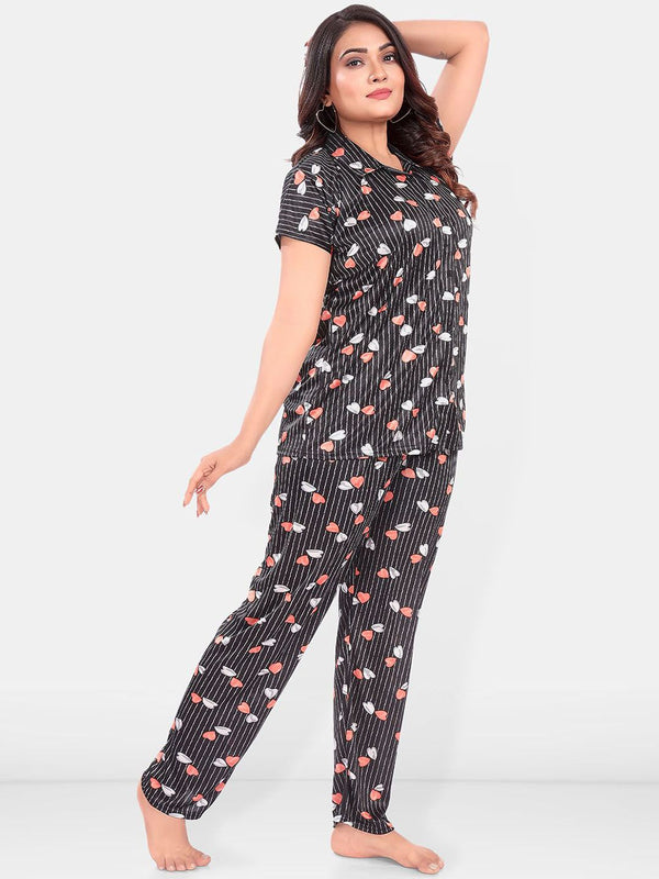 Be You Women Satin Printed Shirt & Pyjamas Night suit