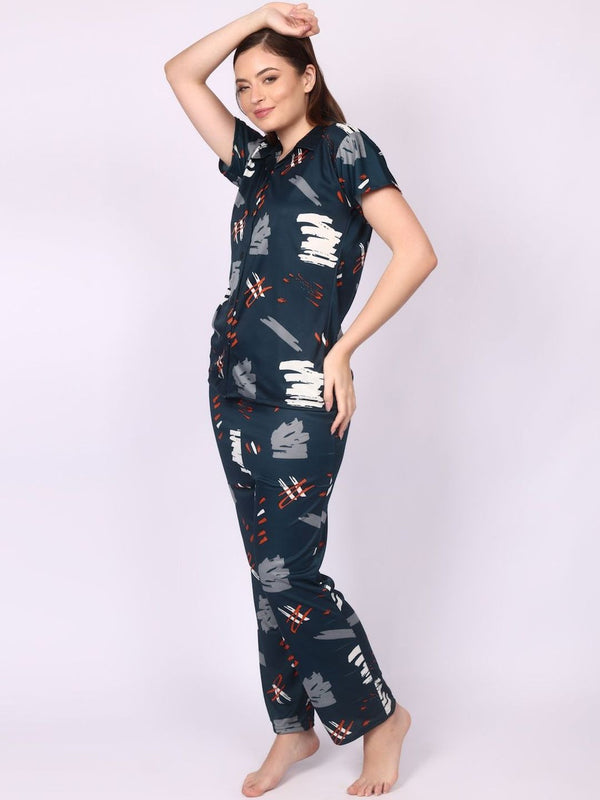 Be You Women Satin Abstract Print Top & Pyjama Night Suit