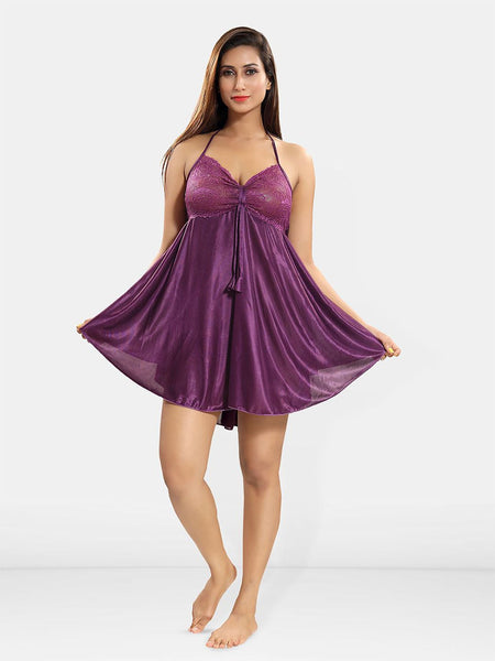 Be You Lace Design Halter Neck Nightdress With Robe