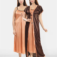 Be You Women Shoulder Strap Embroidered Nightdress with Robe