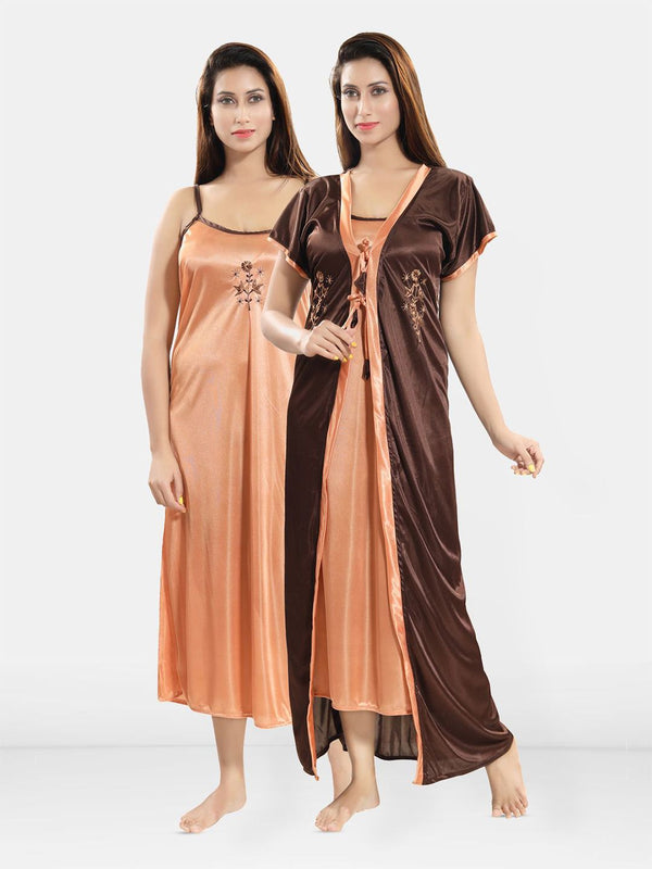 Be You Women Shoulder Strap Embroidered Nightdress with Robe