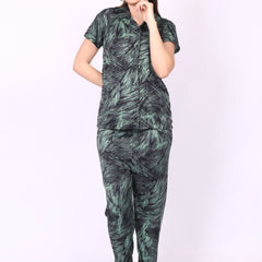 Be You Women Green Satin Shirt Collar Short Sleeves Causal Night Suit