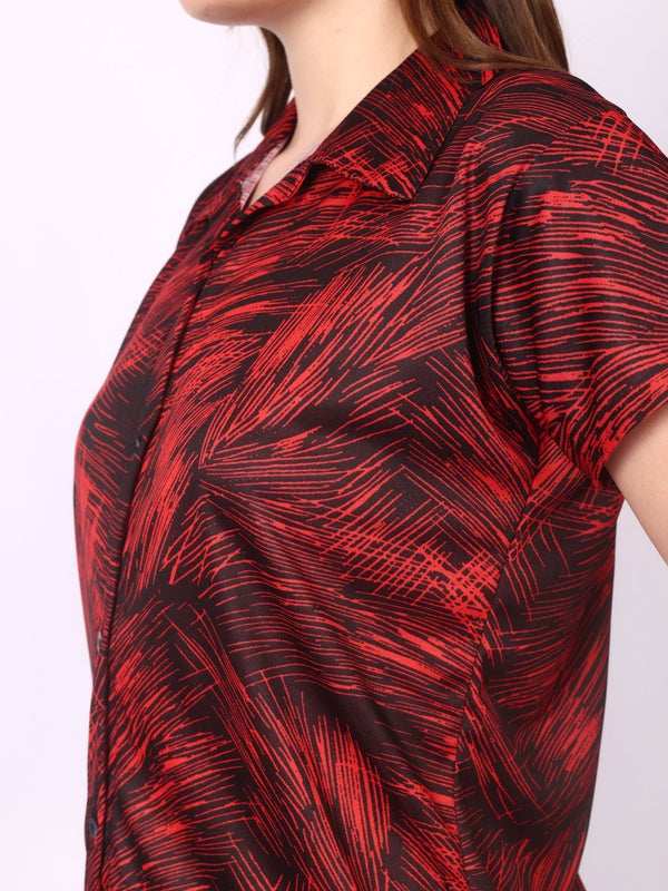 Be You Women Red Satin Shirt Collar Short Sleeves Causal Night Suit