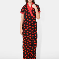 Be You Satin Hearts Print Night Robe For Women Printed Maxi Nightdress