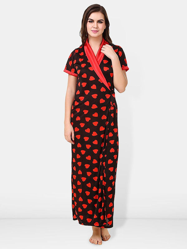 Be You Satin Hearts Print Night Robe For Women Printed Maxi Nightdress