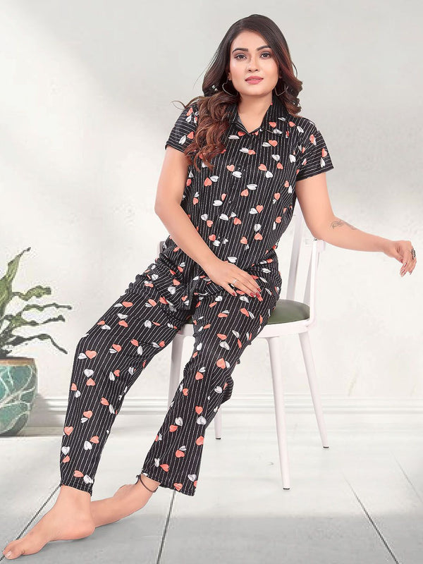 Be You Women Satin Printed Shirt & Pyjamas Night suit