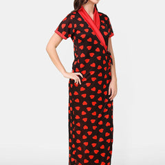 Be You Satin Hearts Print Night Robe For Women Printed Maxi Nightdress