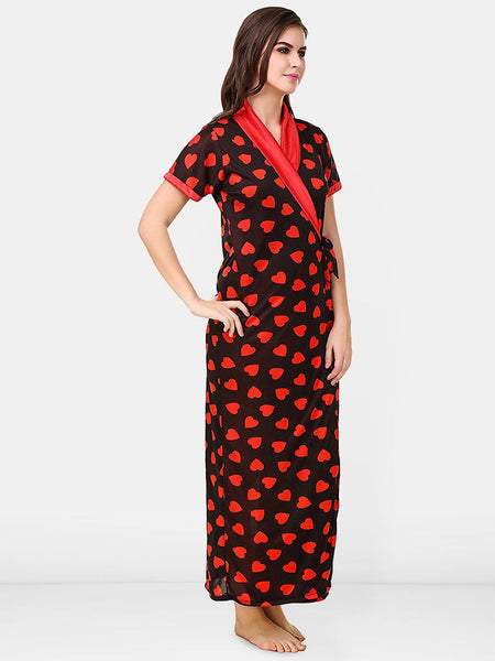 Be You Satin Hearts Print Night Robe For Women Printed Maxi Nightdress