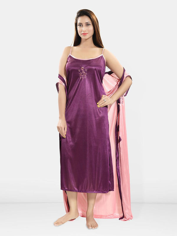 Be You Embroidered Satin Maxi Nightdress With Robe