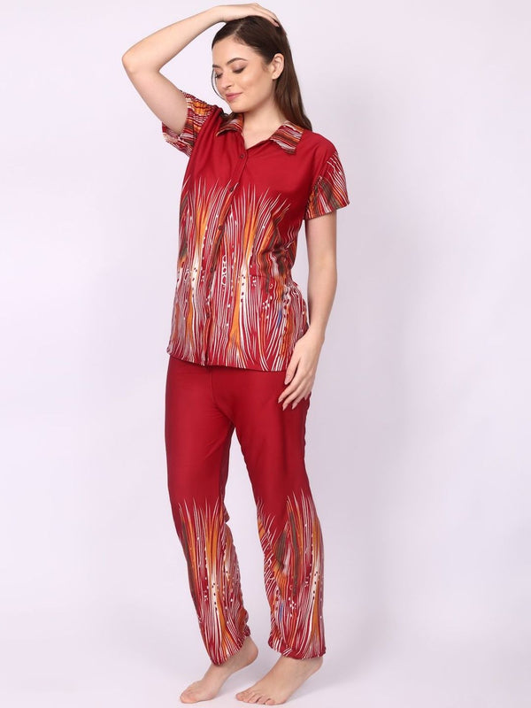 Be You Women Maroon Printed Satin Night suit