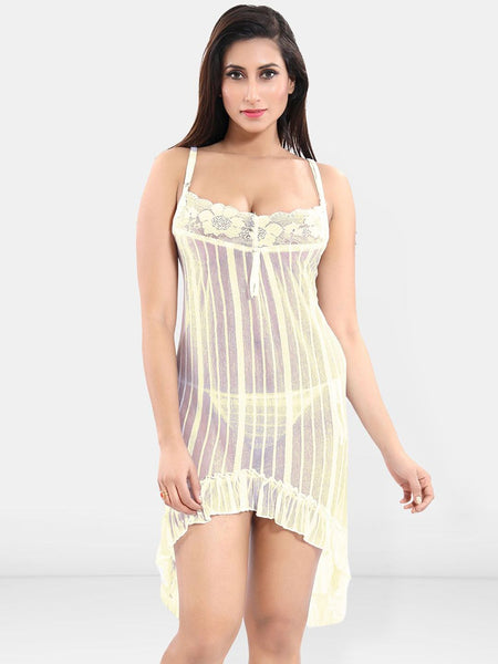Be You Women Self Design Net Shoulder Straps Baby Doll with High-Low