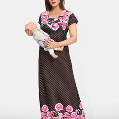 Be You Women Satin Printed Short Sleeves Maxi Maternity Nightdress