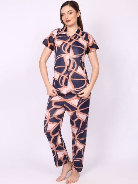 Be You Women Satin Geomatric Print Printed Night suit
