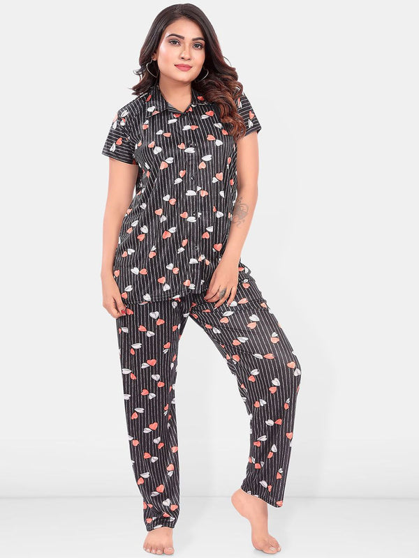 Be You Women Satin Printed Shirt & Pyjamas Night suit