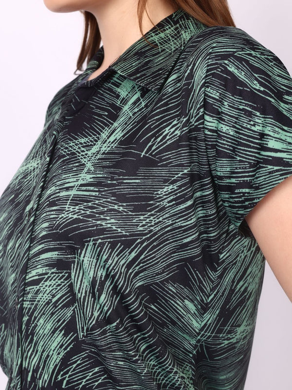 Be You Women Green Satin Shirt Collar Short Sleeves Causal Night Suit