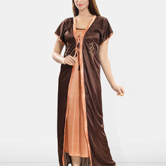 Be You Women Shoulder Strap Embroidered Nightdress with Robe