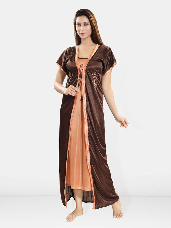 Be You Women Shoulder Strap Embroidered Nightdress with Robe