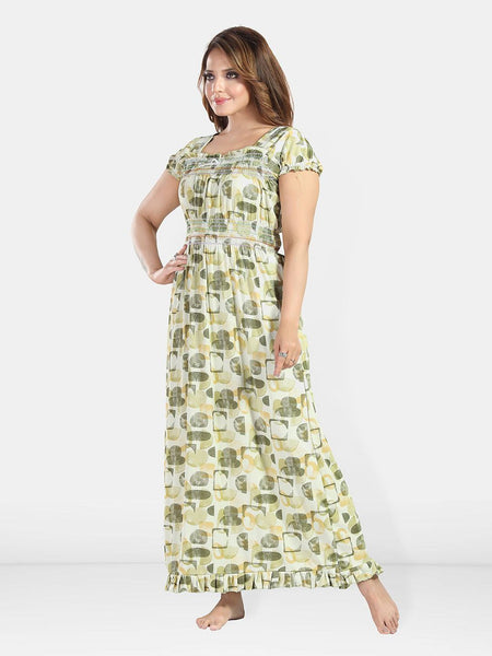 Be You Women Printed Square Neck Satin Maxi Nightdress
