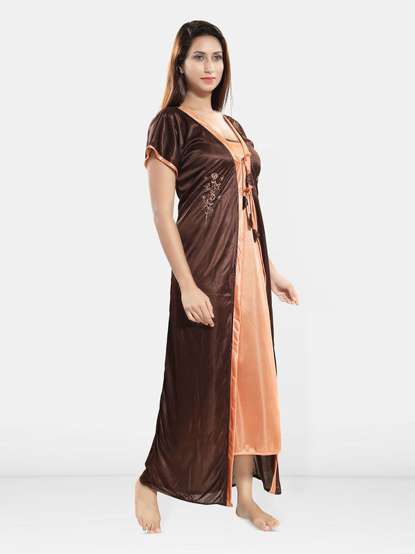 Be You Women Shoulder Strap Embroidered Nightdress with Robe