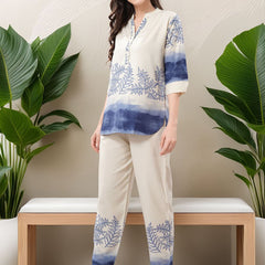 Be You Printed Mandarin Collar Tunic With Trousers