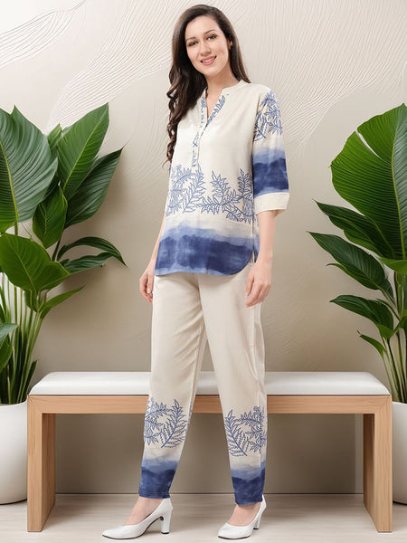 Be You Printed Mandarin Collar Tunic With Trousers