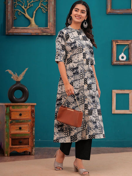Be You Abstract Printed Mandarin Collar A-Line Kurta With Trousers