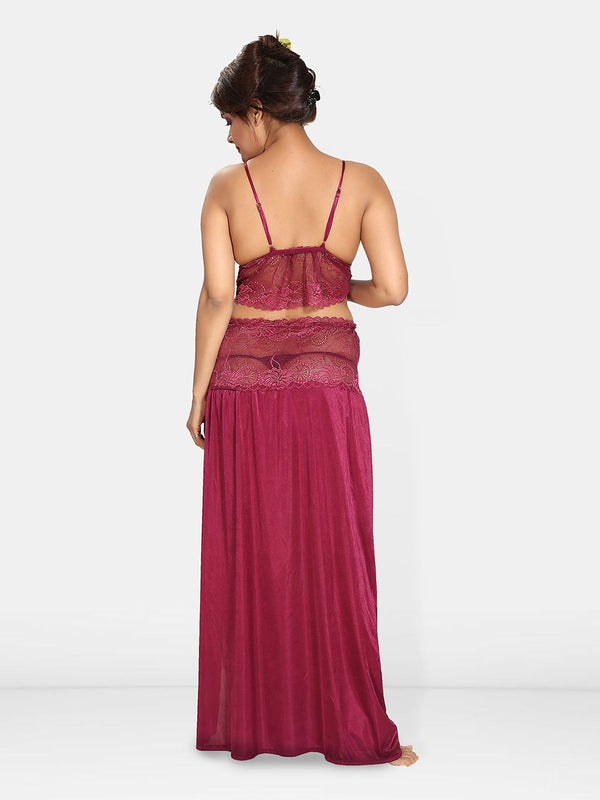 Be You Solid Lace Details Satin Nighty with Robe