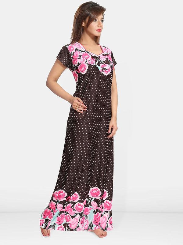 Be You Women Satin Printed Short Sleeves Maxi Maternity Nightdress