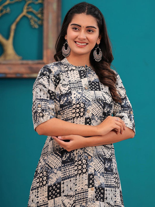 Be You Abstract Printed Mandarin Collar A-Line Kurta With Trousers