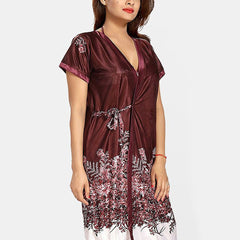 Be You Set Of 3 Women Satin Floral Printed Above Knee Wrap Nightdress with Lingerie Set