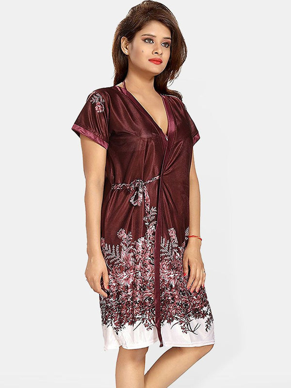 Be You Set Of 3 Women Satin Floral Printed Above Knee Wrap Nightdress with Lingerie Set