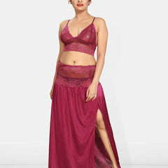 Be You Solid Lace Details Satin Nighty with Robe