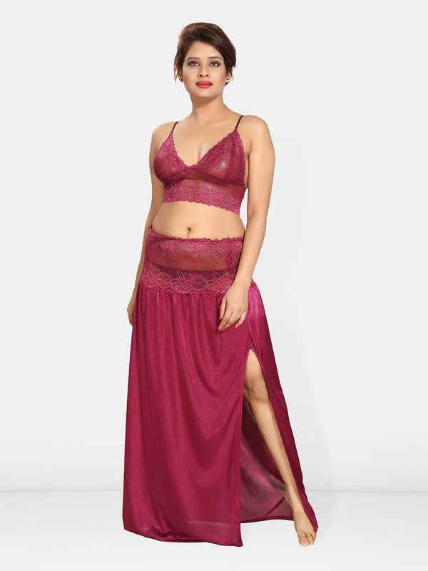 Be You Solid Lace Details Satin Nighty with Robe