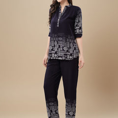 Be You Printed Mandarin Collar Tunic With Trousers