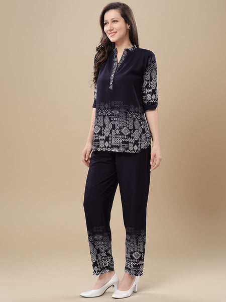 Be You Printed Mandarin Collar Tunic With Trousers