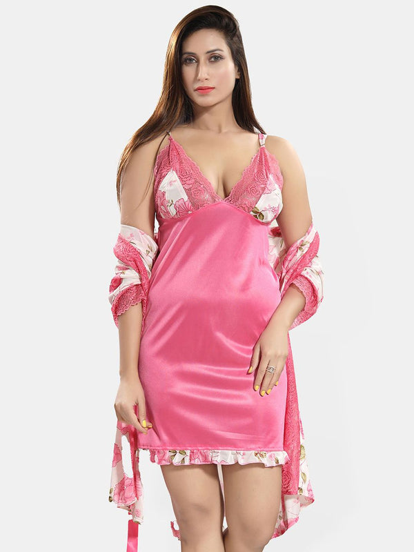 Be You Women Floral Printed Sleeveless Satin Wrap Nightdress With Robe